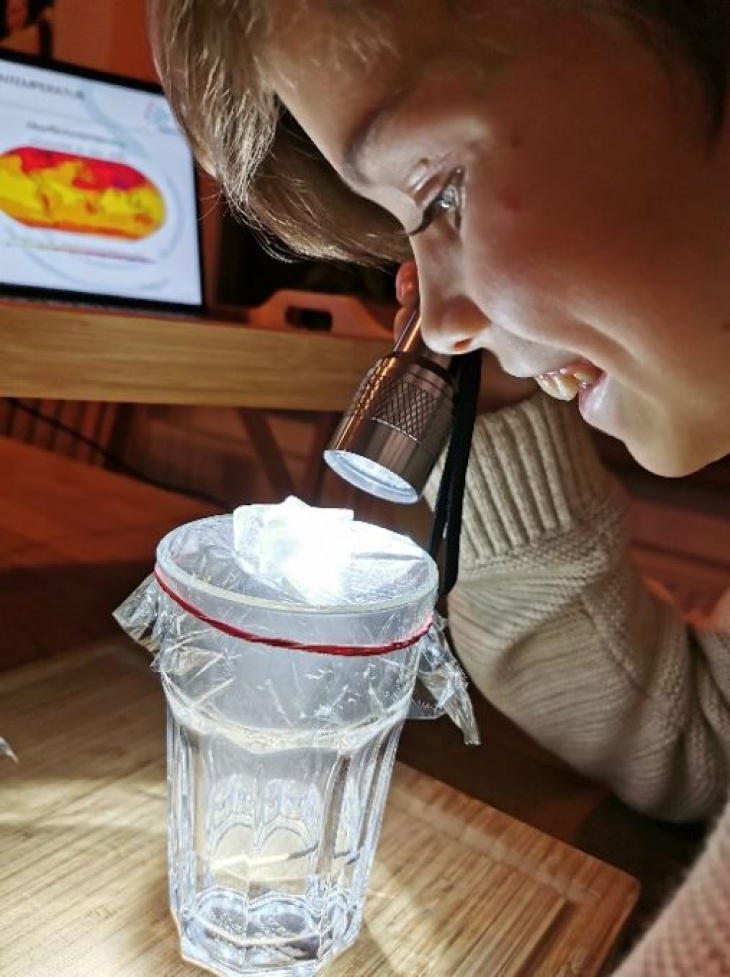 Junge schaut mit einer Taschenlapme in ein abgedecktes Glas