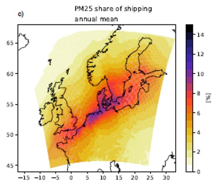 Feinstaubanteil der Schifffahrt im Jahresmittel im Bereich Europa. Bild aus Schwarzkopf et al. (2022) Schwarzkopf 2022 Europe