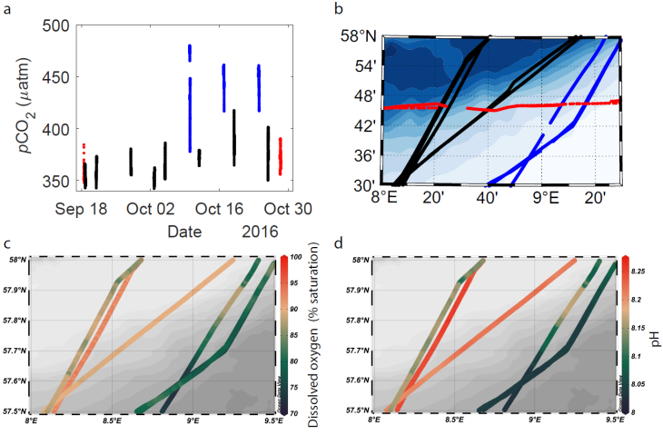 (a) Kontinuierlich gemessene pCO<sub>2</sub>  während der Überfahrten im Skagerrak im Herbst 2016. Rot: ICOS Messnetz (pCO<sub>2</sub> Messungen min einem showerhead equilibrator system); Schwarz & blau: FerryBox Messungen (pCO<sub>2</sub> Messungen mit einem Membransystem). Blau wurde verwendet, um die Überfahrten mit den höchsten pCO<sub>2</sub>-Werten zu kennzeichnen (b) Karte der verwendeten Transekte (c) Sauerstoffsättigung und (d) pH-Werte entlang der Transekte (NBS-Skala)
<i>Bild:  aus Macovei et al. (2021a)  KCP / Hereon-</i>  KCP_Figure_FerryBox1