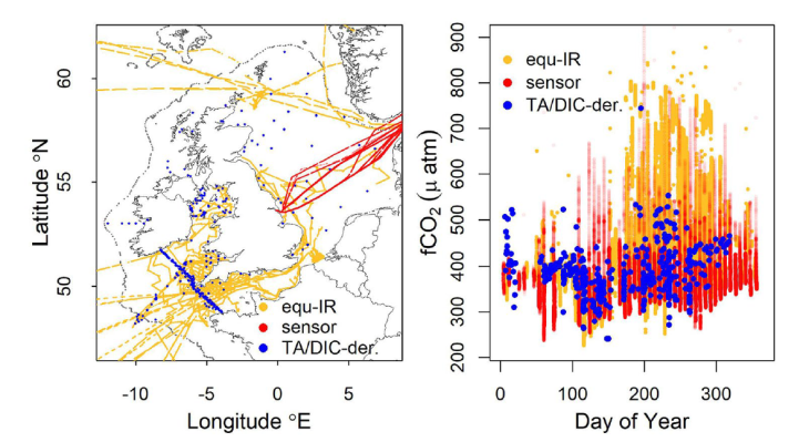 Räumliche und zeitliche Verteilung der Daten zeigt, die zur Erstellung des Kohlenstoffbudgets des Nordwesteuropäischen Schelfs für das Jahr 2015 verwendet wurden. FerryBox Messungen in rot gekennzeichnet. <i>-Bild: aus Kitidis et al. (2019); KCP / Hereon-</i> KCP_Figure_CarbonCycle1