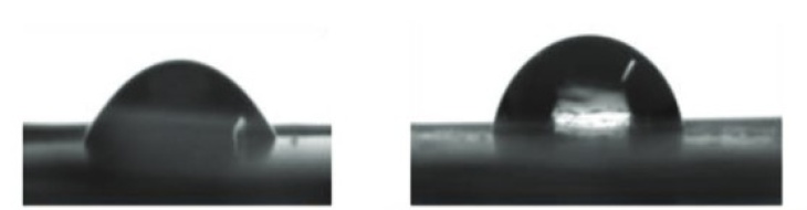Wasserkontaktwinkel vor (links) und nach (rechts) der Modifizierung einer Membranoberfläche. (Bild aus: https://doi.org/10.1002/admi.202000443) Kontaktwinkel vor u. nach Modif. Membranoberfl.jpg