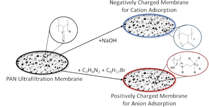 Chemische Modifizierung von Membranen mit verschieden Oberflächenladungen. (Bild aus: https://doi.org/10.3390/membranes12060580) Chem. Modif. v. Membranen mit versch. Oberflächenladungen.jpg