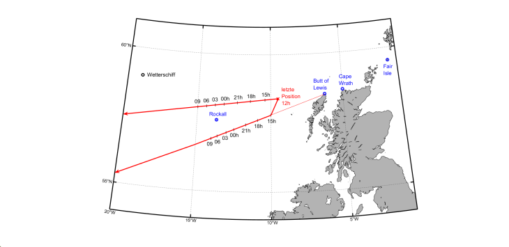 Map shows the last known position of the "Melanie Schulte" and the possible routes the ship could have taken. Photo: Ostfriesisches Landesmuseum Emdenmit der letzten bekannten Position der MS "Melanie Schulte" und den beiden möglichen Routen, die das Schiff genommen haben könnte.