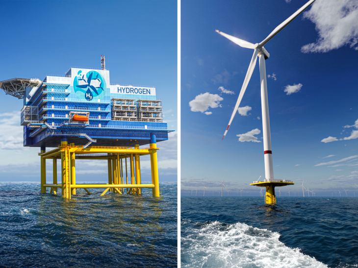 Die Abbildung zeigt Modelle von möglichen Produktionsplattformen für Offshore-Wasserstoff: Links ist eine zentrale Produktion auf einer einzelnen Plattform. Rechts ist eine dezentrale Produktion auf einzelnen Windturbinen. Quelle: Aquaventus Förderverein e.V.