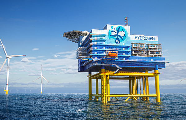 Animationen einer möglichen dezentralen Produktionsplattform für Offshore-Wasserstoff. Modell: Aquaventus e.V.
