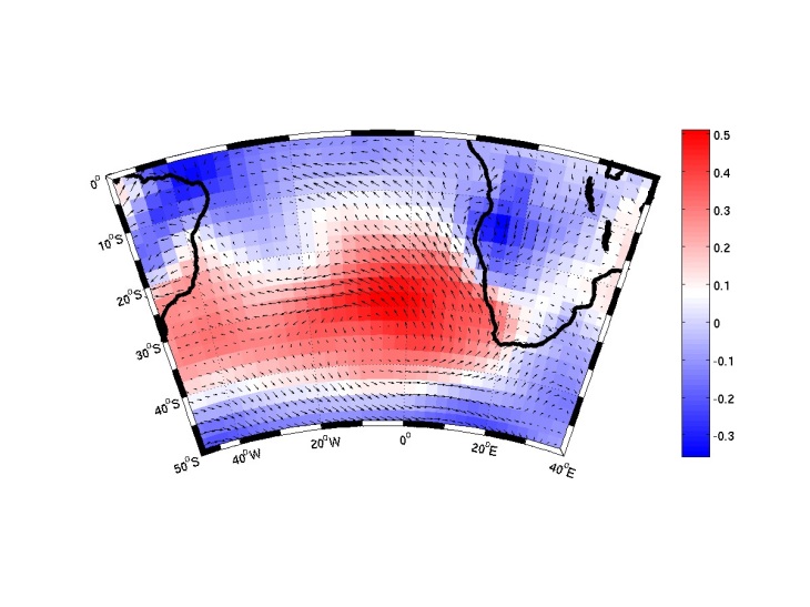 Correlation pattern between upwelling index and sea level
pressure (shaded colours) and upwelling index and wind stress (arrows)
for austral spring (September-November) from 1950 to 2010. (Courtesy of N. Tim)
 upwelling Namibia