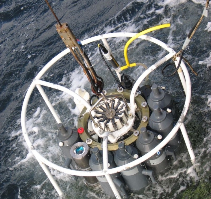 Eine Messplattform (sog. Kranzwasserschöpfer) mit optischen und anderen Messinstrumenten wird ins Wasser abgelassen. <i>-Bild: Hereon-</i> Frame