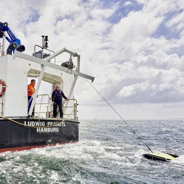 Einsatz des <i>ScanFish</i> auf dem Forschungsschiff <i>Ludwig Prandtl.</i>  <i>-Bild: Christian Schmid/Hereon-</i> Einsatz Scanfish™ auf den Forschungsschiff Ludwig Prandtl