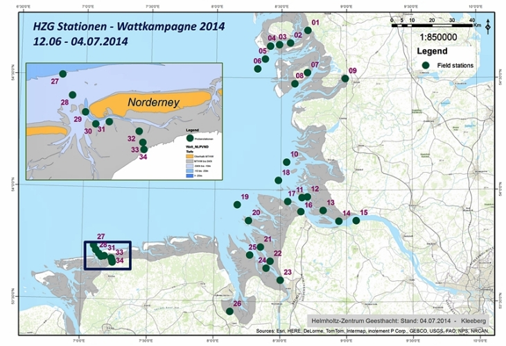Probenahmestationen der Watt Kampagne 2014 (Karte: Ulrike Kleeberg/Hereon) Web Probenstationen
